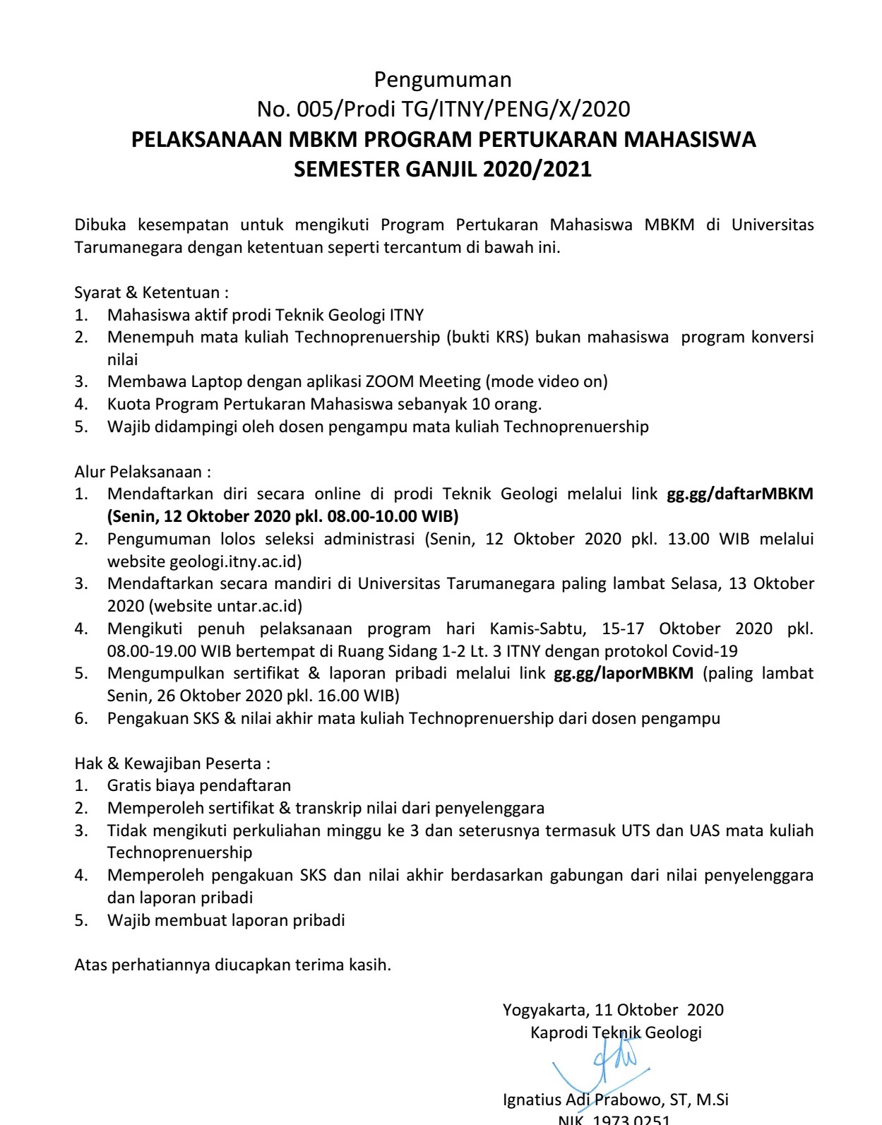 PELAKSANAAN MBKM PROGRAM PERTUKARAN MAHASISWA SEMESTER GANJIL 2020/2021
